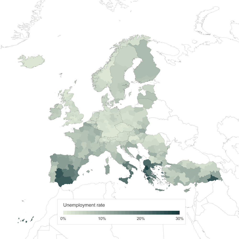 Map of the EU showing the 2017 unemployment rates.