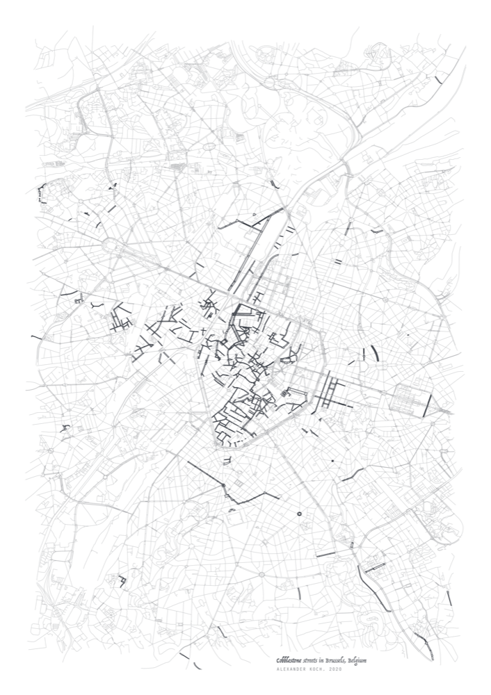 Map of Brussels in which the cobblestone streets are highlighted. As expected, most of the cobblestone streets are located in the historic city center.