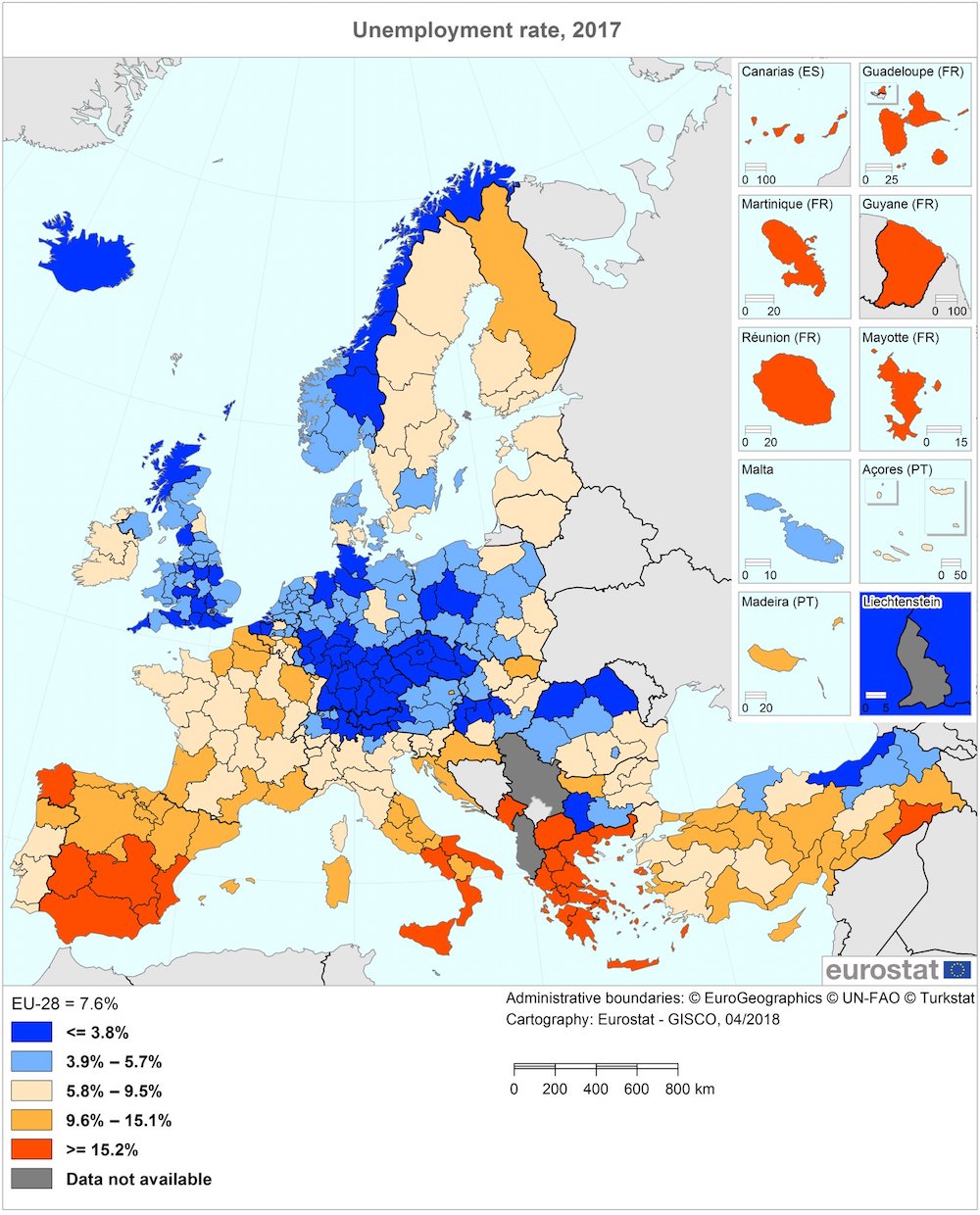 Map of the EU showing the 2017 unemployment rates.